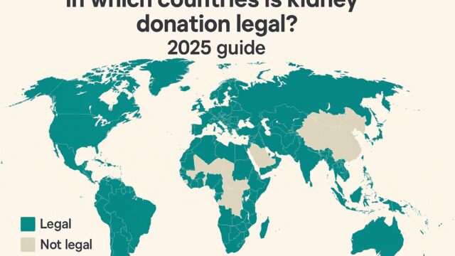 World map highlighting countries where kidney donation is legal in 2025, with teal and beige color coding.