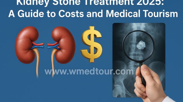 Doctor examining kidney stone X-ray with magnifying glass, alongside anatomical kidney illustration and dollar symbol, highlighting medical tourism and treatment costs in 2025