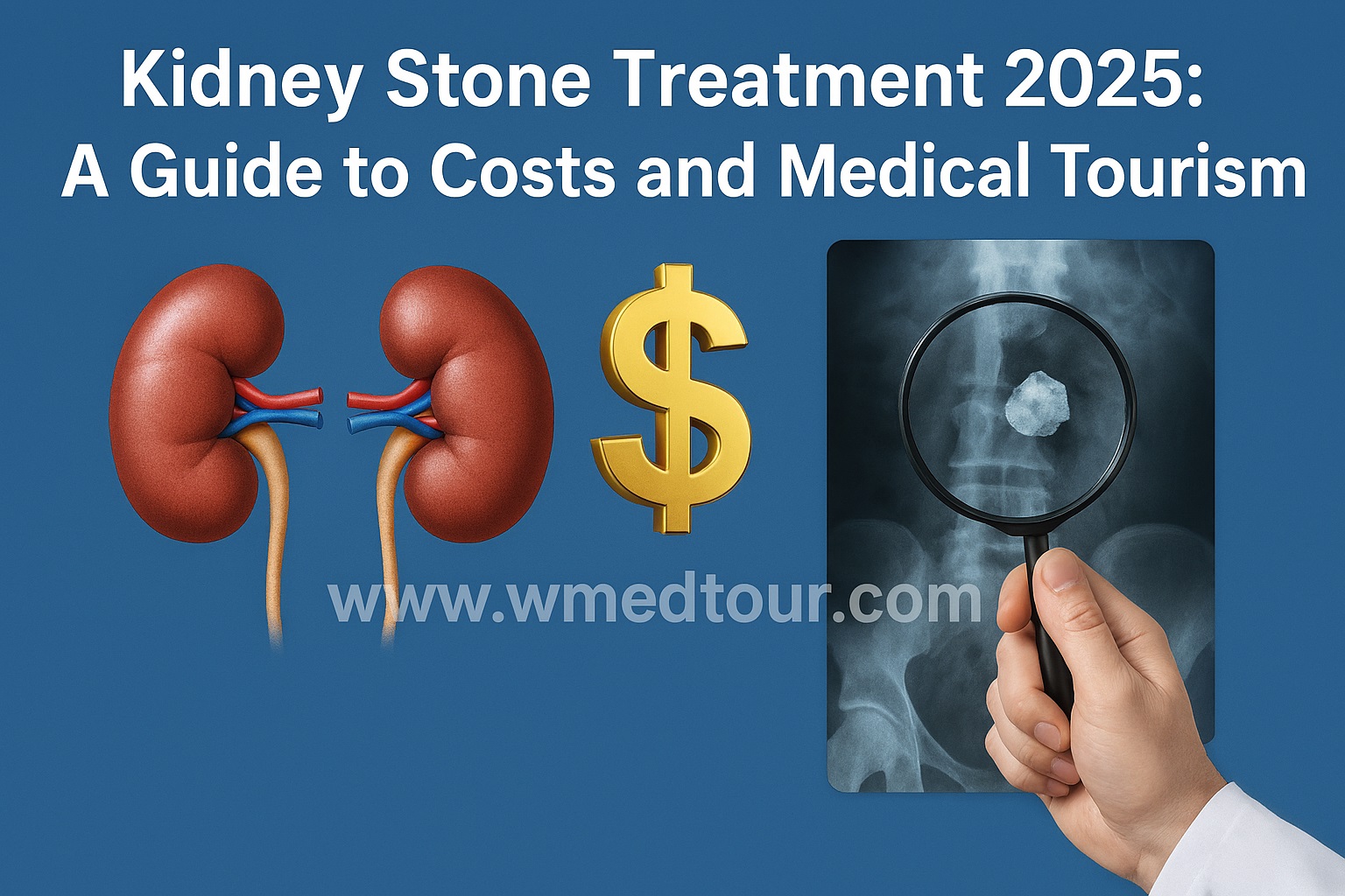 Doctor examining kidney stone X-ray with magnifying glass, alongside anatomical kidney illustration and dollar symbol, highlighting medical tourism and treatment costs in 2025