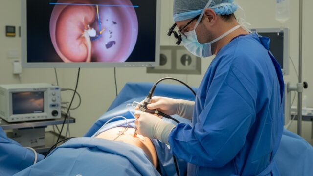 Urologist performing minimally invasive kidney stone removal surgery, with a monitor displaying an endoscopic view of the kidney.