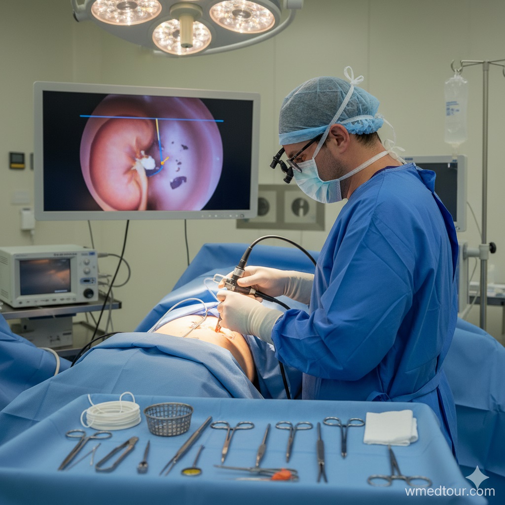 Urologist performing minimally invasive kidney stone removal surgery, with a monitor displaying an endoscopic view of the kidney.