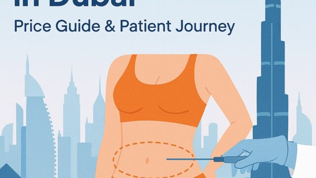 Illustration of a woman undergoing liposuction with Dubai skyline in the background, highlighting cosmetic surgery trends and pricing in 2025.