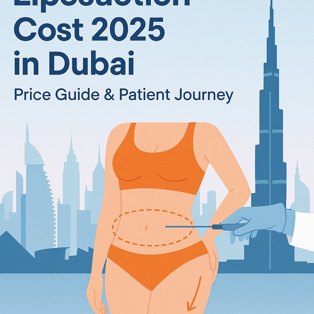 Illustration of a woman undergoing liposuction with Dubai skyline in the background, highlighting cosmetic surgery trends and pricing in 2025.