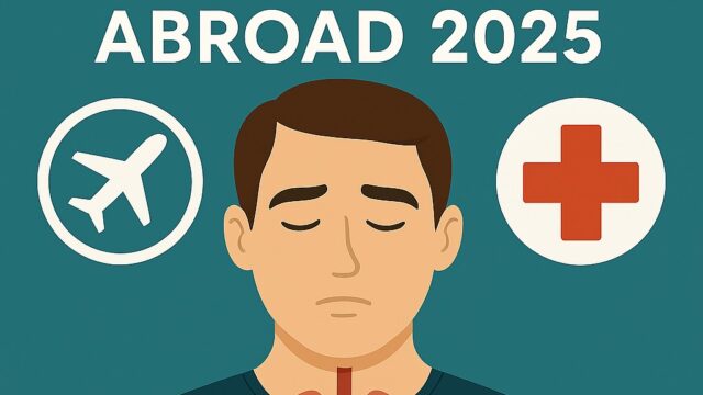 Illustration of a man with stylized lungs showing a tumor, flanked by icons of a medical cross and airplane, representing international lung cancer treatment options.