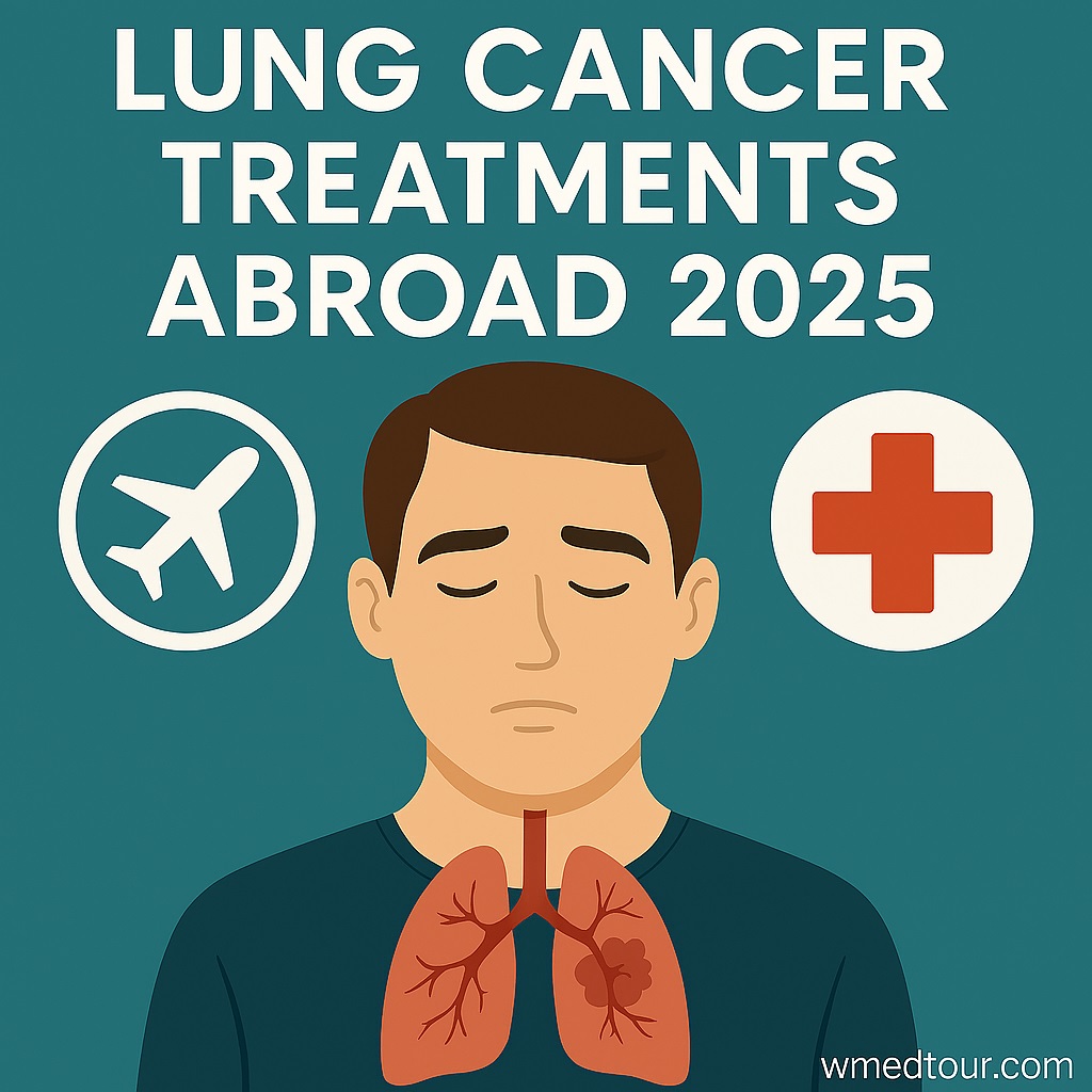 Illustration of a man with stylized lungs showing a tumor, flanked by icons of a medical cross and airplane, representing international lung cancer treatment options.