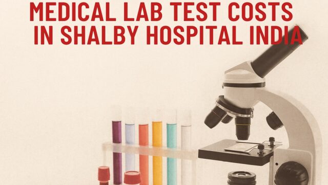 Modern medical lab setup with test tubes and microscope, representing lab test costs at Shalby Hospital India