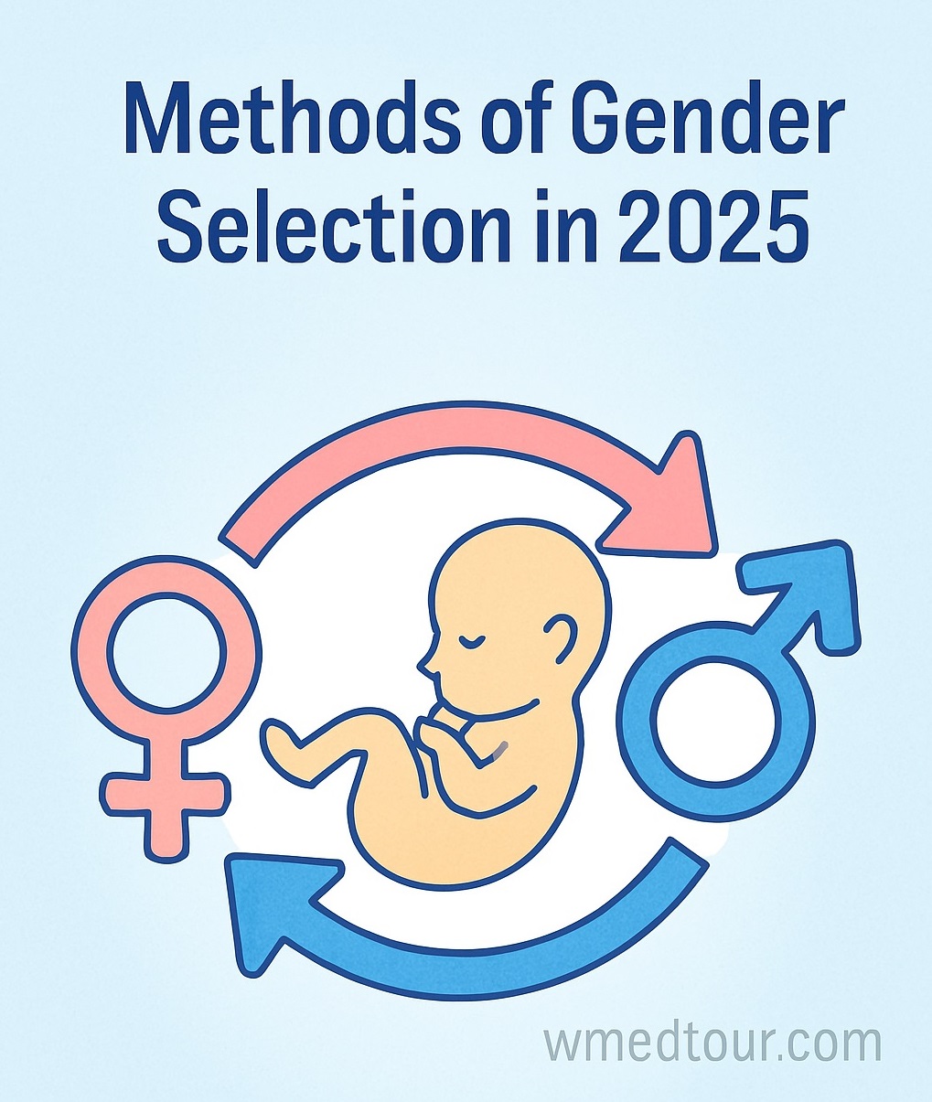 Illustration of gender selection methods in 2025 featuring fetus, male and female symbols, and directional arrows