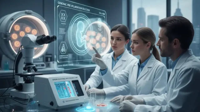 Illustration of gender selection methods in 2026 featuring fetus, male and female symbols, and directional arrows