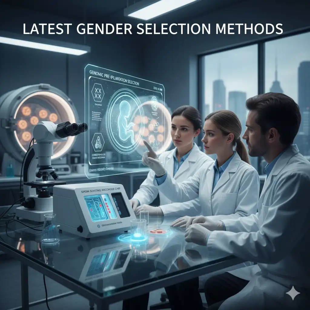 Illustration of gender selection methods in 2026 featuring fetus, male and female symbols, and directional arrows