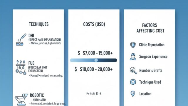 An infographic comparing hair transplant techniques (DHI, FUE, and Robotic) alongside estimated costs in USD and factors influencing price, such as clinic reputation and location.