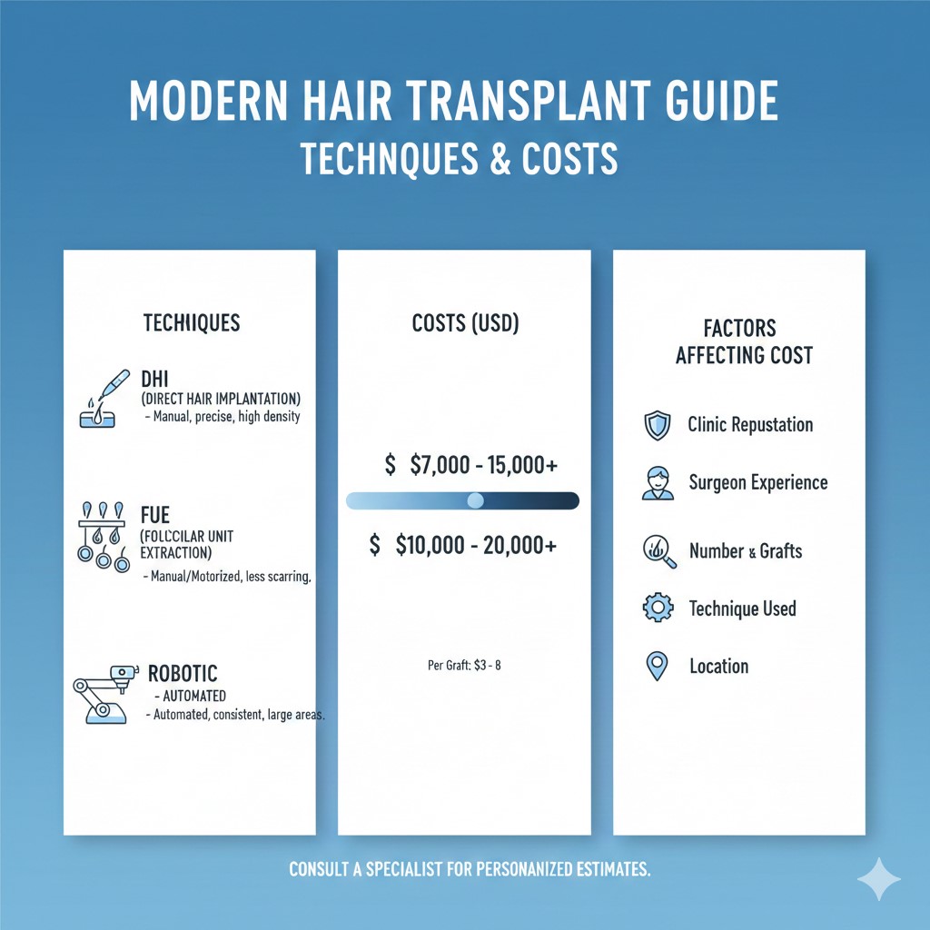 An infographic comparing hair transplant techniques (DHI, FUE, and Robotic) alongside estimated costs in USD and factors influencing price, such as clinic reputation and location.