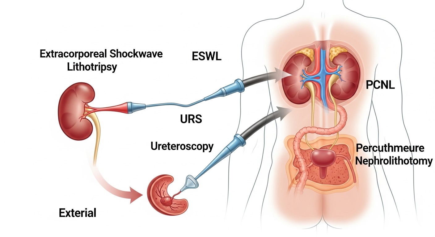 Detailed medical diagram illustrating the three main kidney stone surgical treatments