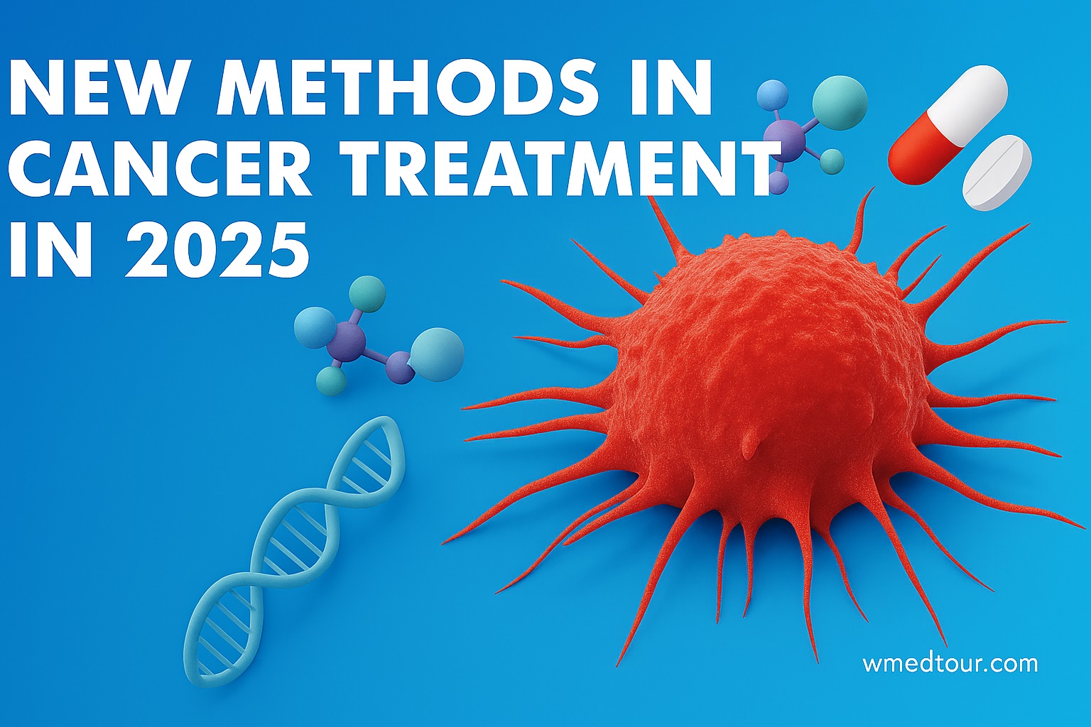 3D-rendered cancer cell with DNA helix, CRISPR molecule, and pharmaceutical capsules on blue background – symbolizing 2025 oncology innovations