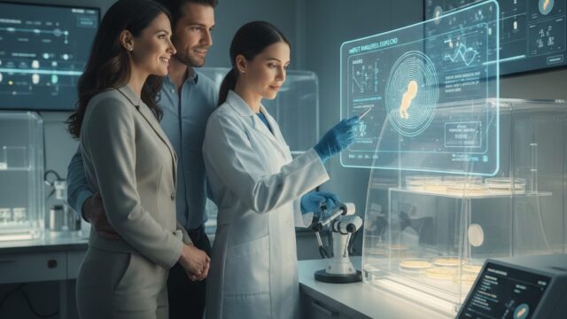 A female scientist in a white lab coat and blue gloves points to a glowing holographic interface displaying genetic data of an embryo. Behind her, a hopeful couple watches closely. The scene takes place in a high-tech fertility clinic featuring advanced incubators and digital monitoring screens.