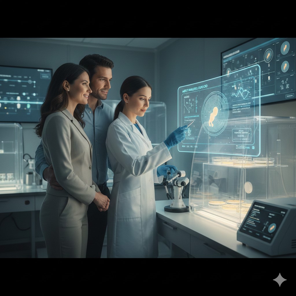 A female scientist in a white lab coat and blue gloves points to a glowing holographic interface displaying genetic data of an embryo. Behind her, a hopeful couple watches closely. The scene takes place in a high-tech fertility clinic featuring advanced incubators and digital monitoring screens.