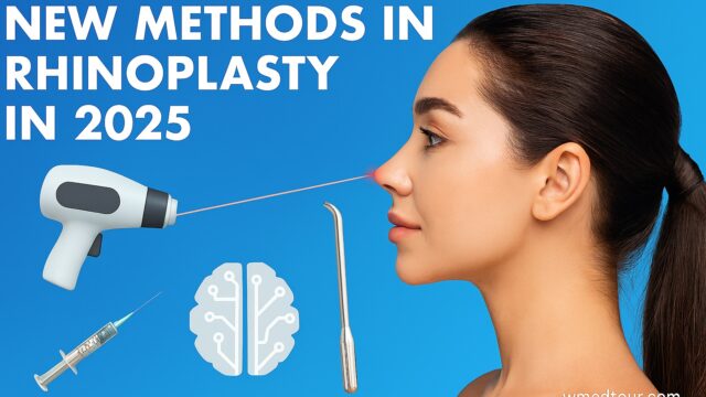 Side profile of a beautiful woman’s face targeted by laser, rhinoplasty instrument, and AI brain icon – representing advanced nose reshaping techniques in 2025