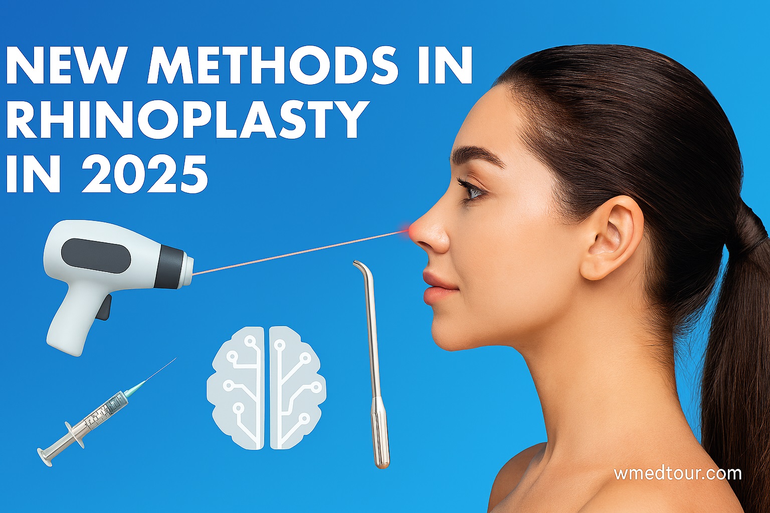 Side profile of a beautiful woman’s face targeted by laser, rhinoplasty instrument, and AI brain icon – representing advanced nose reshaping techniques in 2025