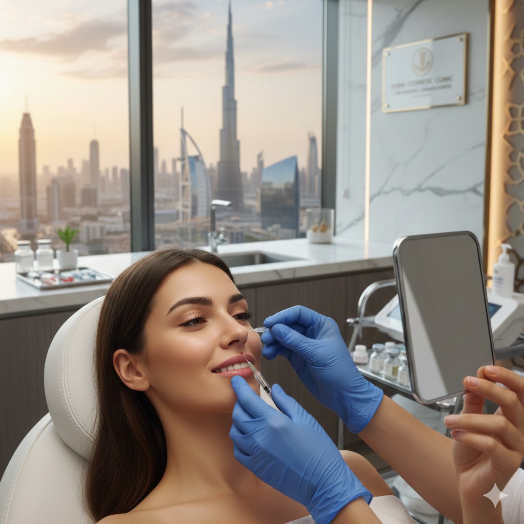 A woman receives a non-surgical nose job treatment using dermal fillers at a luxury cosmetic clinic in Dubai. In the background, a floor-to-ceiling window reveals the Dubai skyline, including the Burj Khalifa and Burj Al Arab at sunset.