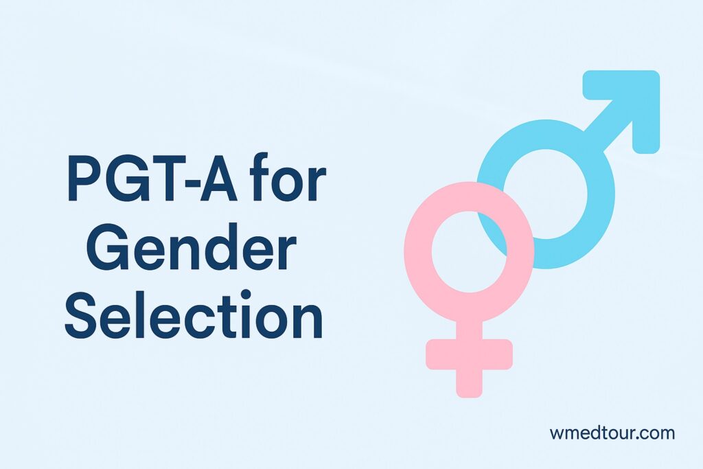 PGT-A for Gender Selection graphic with pink female and blue male symbols and small wmedtour.com watermark