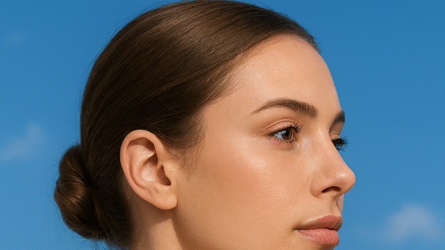 Close-up of a woman’s face with flags of UAE, Turkey, and Iran below, representing regional trends in plastic surgery for 2025