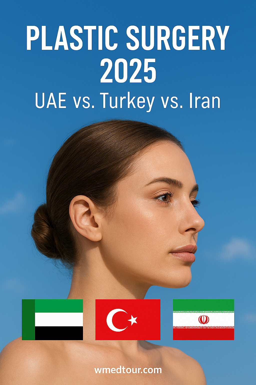 Close-up of a woman’s face with flags of UAE, Turkey, and Iran below, representing regional trends in plastic surgery for 2025