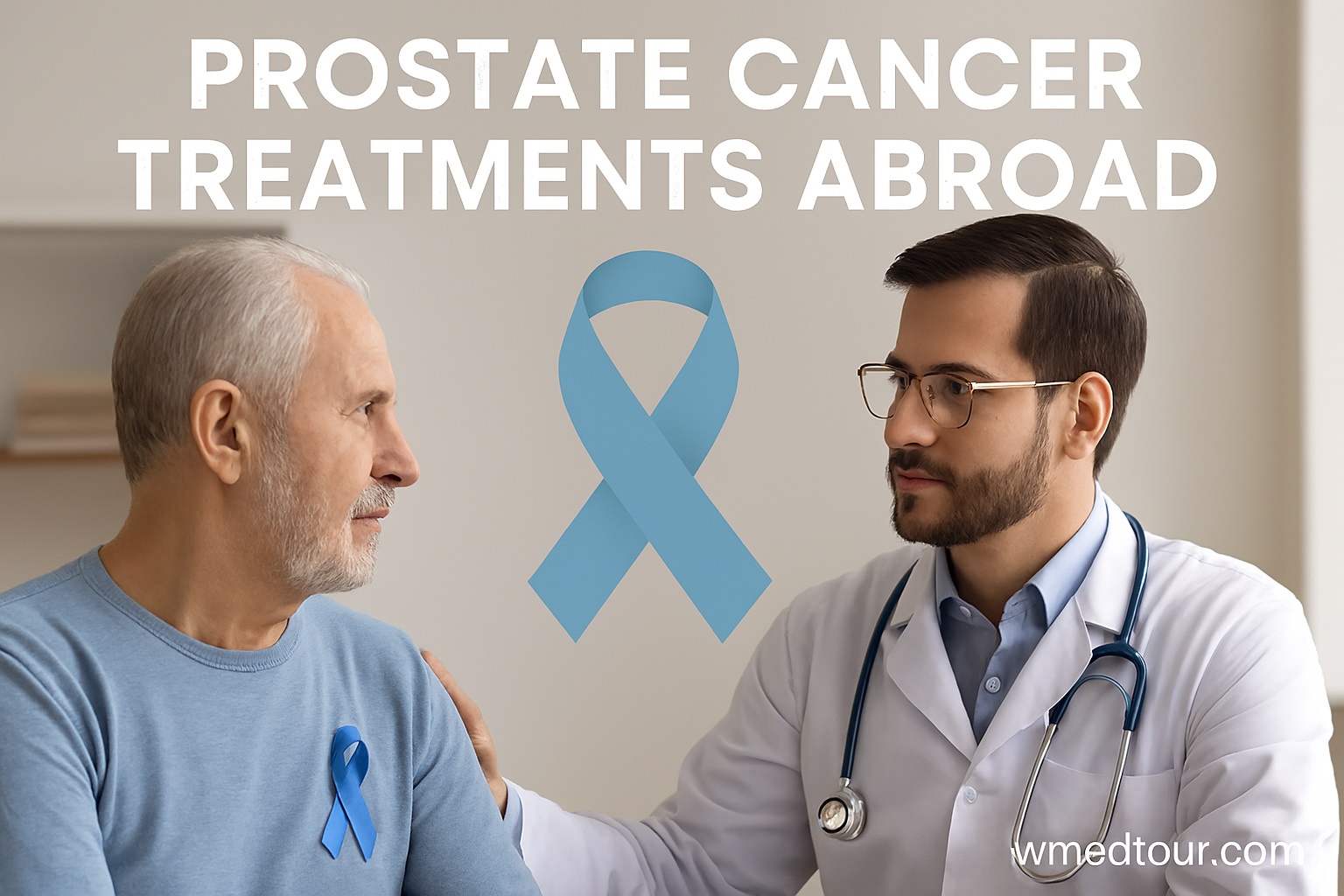 A senior male patient consults with a doctor about prostate cancer treatment abroad, symbolized by a blue ribbon and professional medical setting.