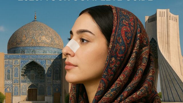 Profile of an Iranian woman in traditional hijab with rhinoplasty bandage, set against iconic Iranian landmarks like Sheikh Lotfollah Mosque and Azadi Tower