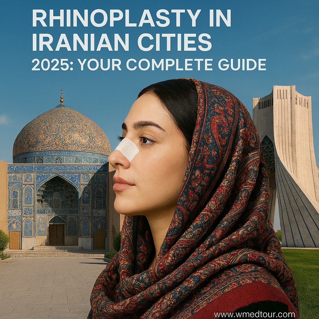 Profile of an Iranian woman in traditional hijab with rhinoplasty bandage, set against iconic Iranian landmarks like Sheikh Lotfollah Mosque and Azadi Tower