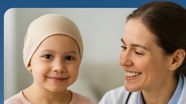Smiling young girl in headscarf with female doctor in white coat, symbolizing pediatric cancer care and support