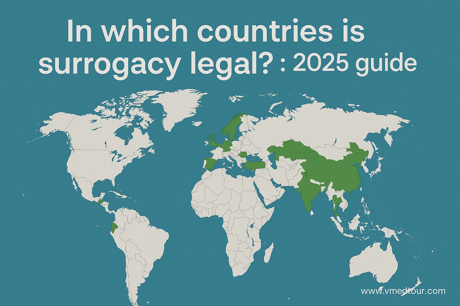 World map highlighting countries where surrogacy is legal in 2025, with www.wmedtour.com watermark