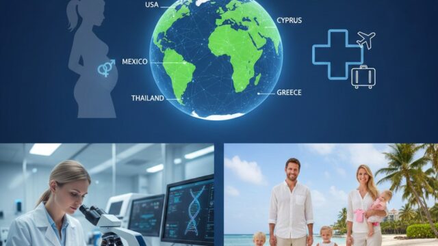 A global map highlighting the best countries for fetal gender selection including USA, Mexico, and Cyprus with medical tourism icons.