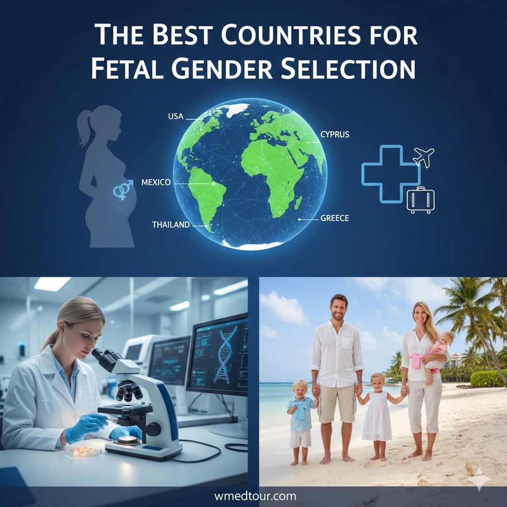 A global map highlighting the best countries for fetal gender selection including USA, Mexico, and Cyprus with medical tourism icons.