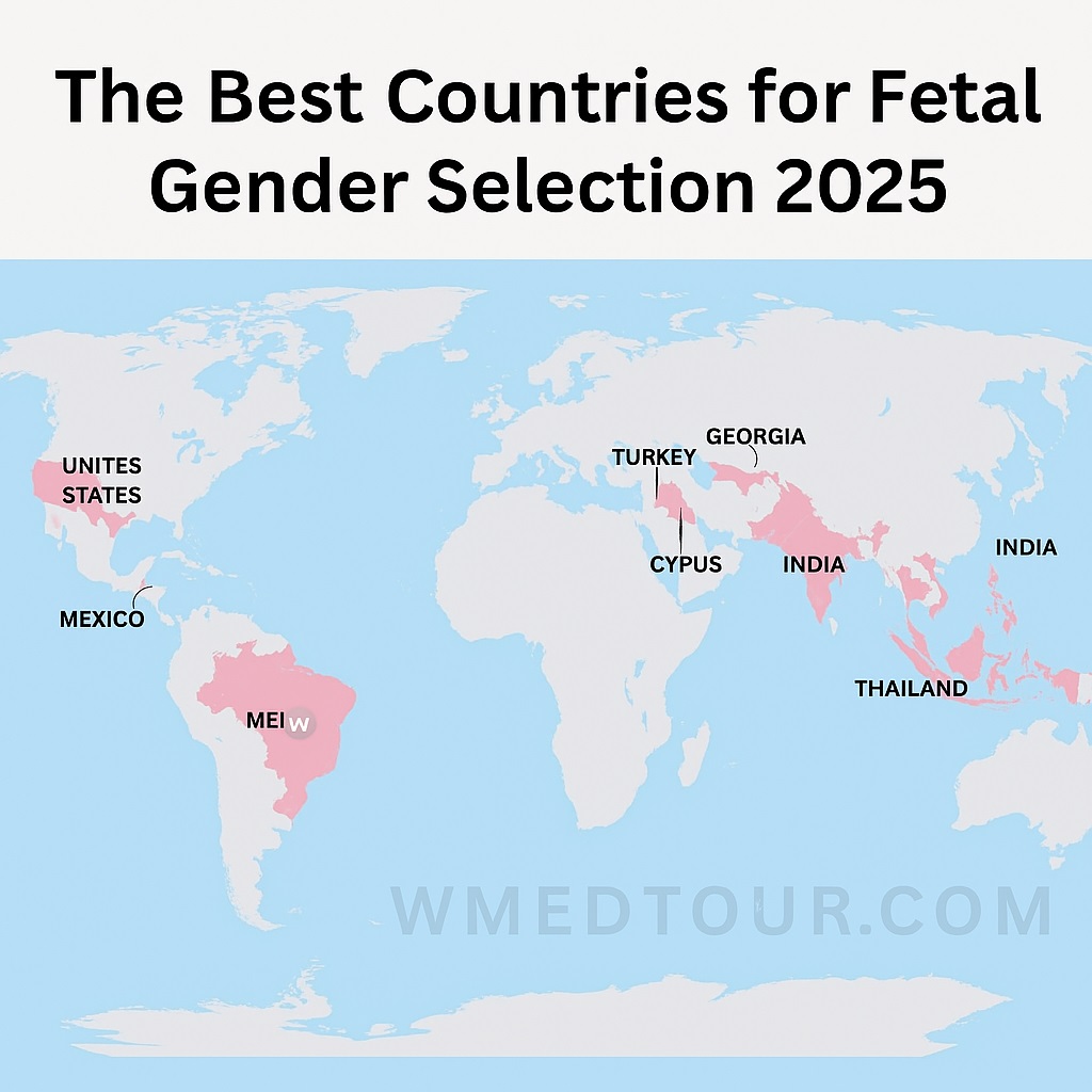 World map highlighting countries where fetal gender selection is permitted in 2025, including the US, Mexico, India, and Thailand.