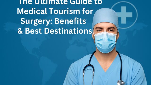 A confident surgeon in blue scrubs stands in front of a world map, symbolizing global medical tourism for surgical procedures.