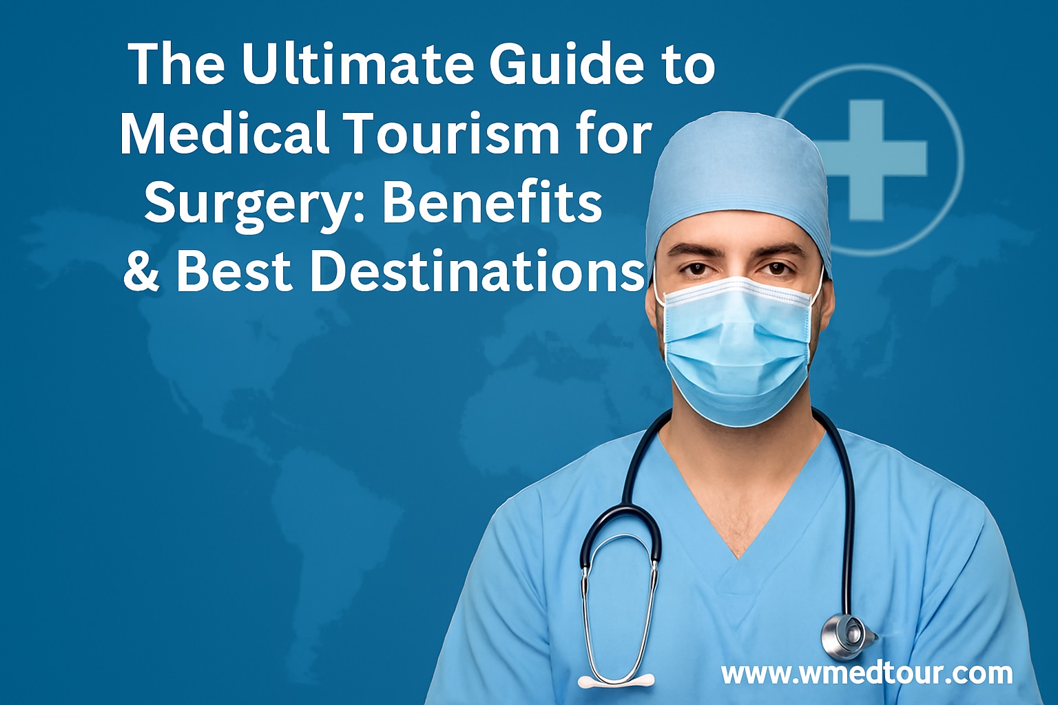 A confident surgeon in blue scrubs stands in front of a world map, symbolizing global medical tourism for surgical procedures.