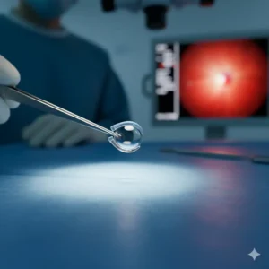 A high-definition macro view of a clear medical intraocular lens (IOL) used in phaco cataract surgery to restore vision, showing the delicate haptics and optical center.