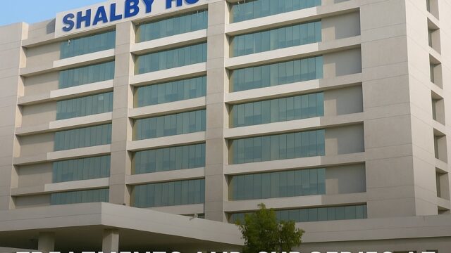 Exterior view of Shalby Hospital India with overlaid title and wmedtour.com watermark