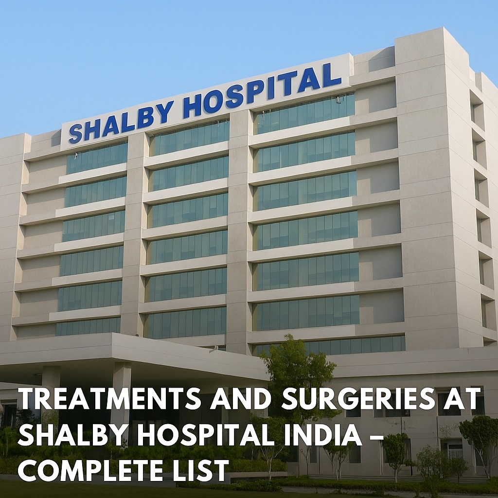 Exterior view of Shalby Hospital India with overlaid title and wmedtour.com watermark
