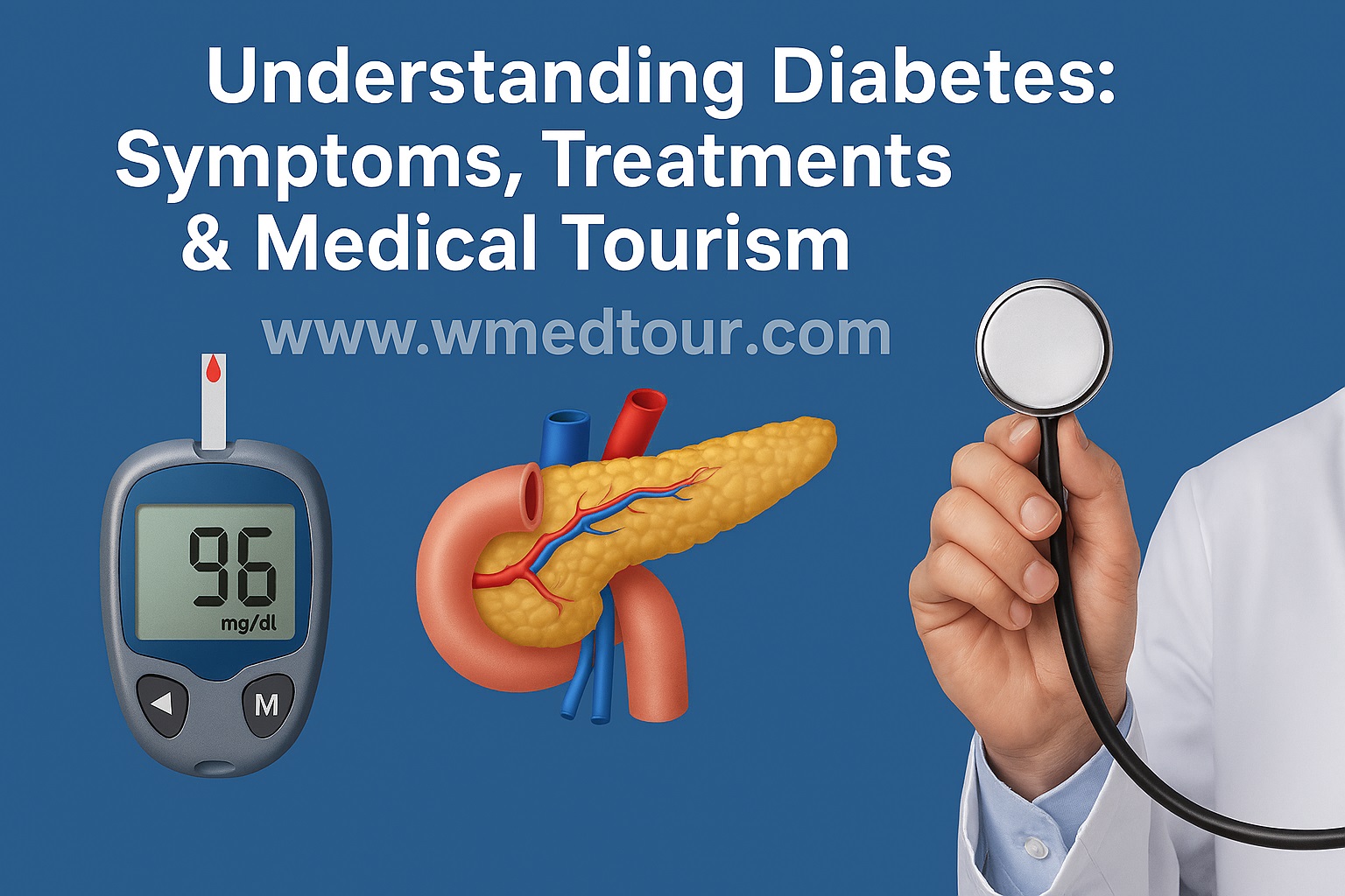 Blood glucose meter, pancreas illustration, and doctor with stethoscope representing diabetes care and international treatment options