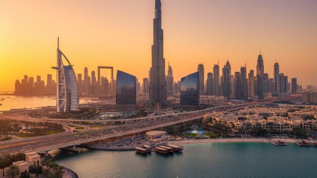 Panoramic sunset view of Dubai cityscape with Burj Khalifa, Burj Al Arab, and luxury yachts, showcasing modern architecture and a golden aesthetic.