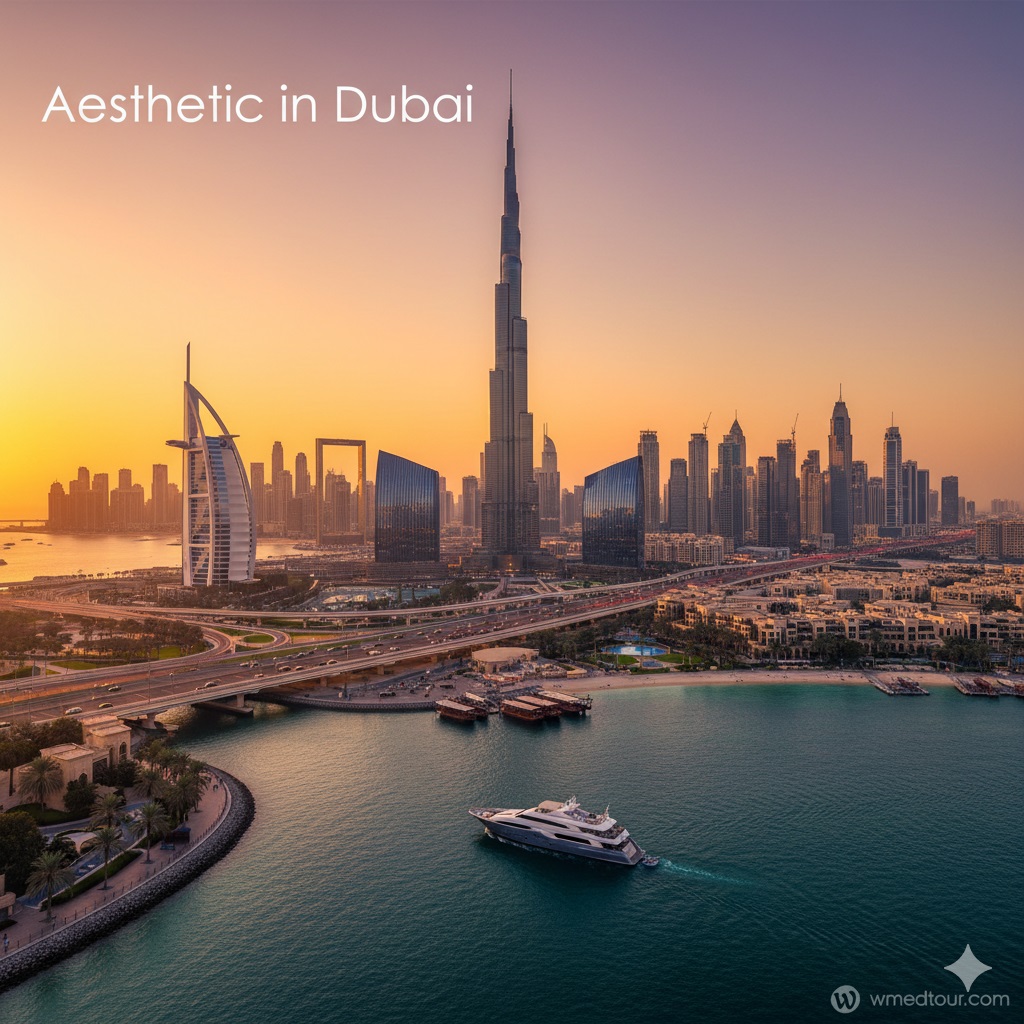 Panoramic sunset view of Dubai cityscape with Burj Khalifa, Burj Al Arab, and luxury yachts, showcasing modern architecture and a golden aesthetic.