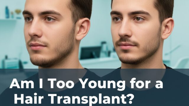 Before and after of a young man with hair loss, highlighting the transformation from a hair transplant, with text asking "Am I Too Young for a Hair Transplant?" and mentioning eligibility, calculator, and cost guide.
