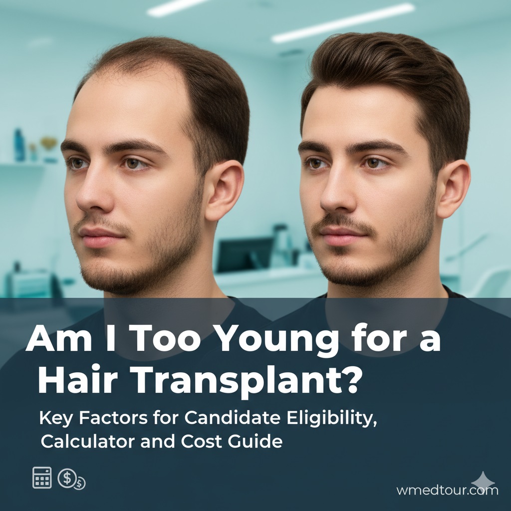 Before and after of a young man with hair loss, highlighting the transformation from a hair transplant, with text asking "Am I Too Young for a Hair Transplant?" and mentioning eligibility, calculator, and cost guide.