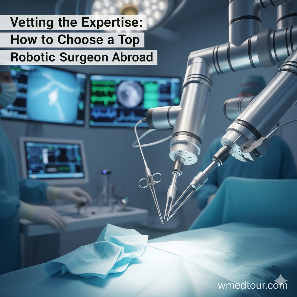 A close-up of a robotic surgical arm delicately holding a medical instrument over a surgical field, representing advanced robotic surgery.