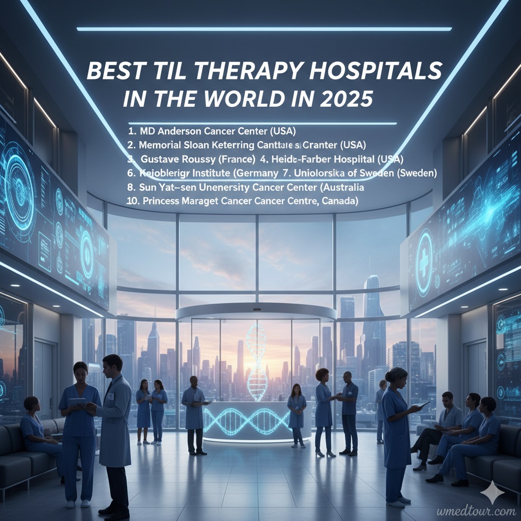 Global cancer center lobby with doctors, a DNA helix display, and a ranked list of top institutions for TIL Therapy including MD Anderson, Memorial Sloan Kettering, and Moffitt Cancer Center. Watermark: wmedtour.com.