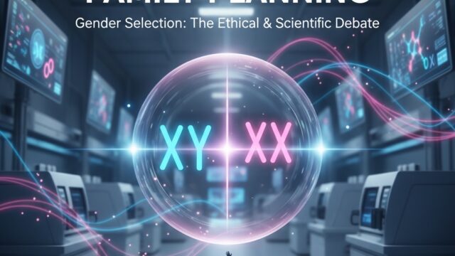 A couple looking up at a glowing bubble displaying 'XY' and 'XX' symbols, representing male and female chromosomes, in a futuristic laboratory setting. The image is titled "THE FUTURE OF FAMILY PLANNING" with a subtitle "Gender Selection: The Ethical & Scientific Debate." A small watermark "wmedtour.com" is in the corner.