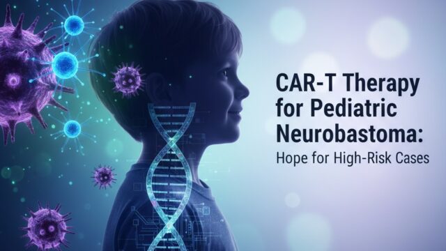 A young child's silhouette looks hopefully towards light, with abstract representations of CAR-T cells targeting cancer cells and a DNA helix, symbolizing genetic therapy for pediatric neuroblastoma.