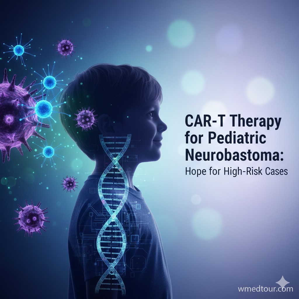 A young child's silhouette looks hopefully towards light, with abstract representations of CAR-T cells targeting cancer cells and a DNA helix, symbolizing genetic therapy for pediatric neuroblastoma.
