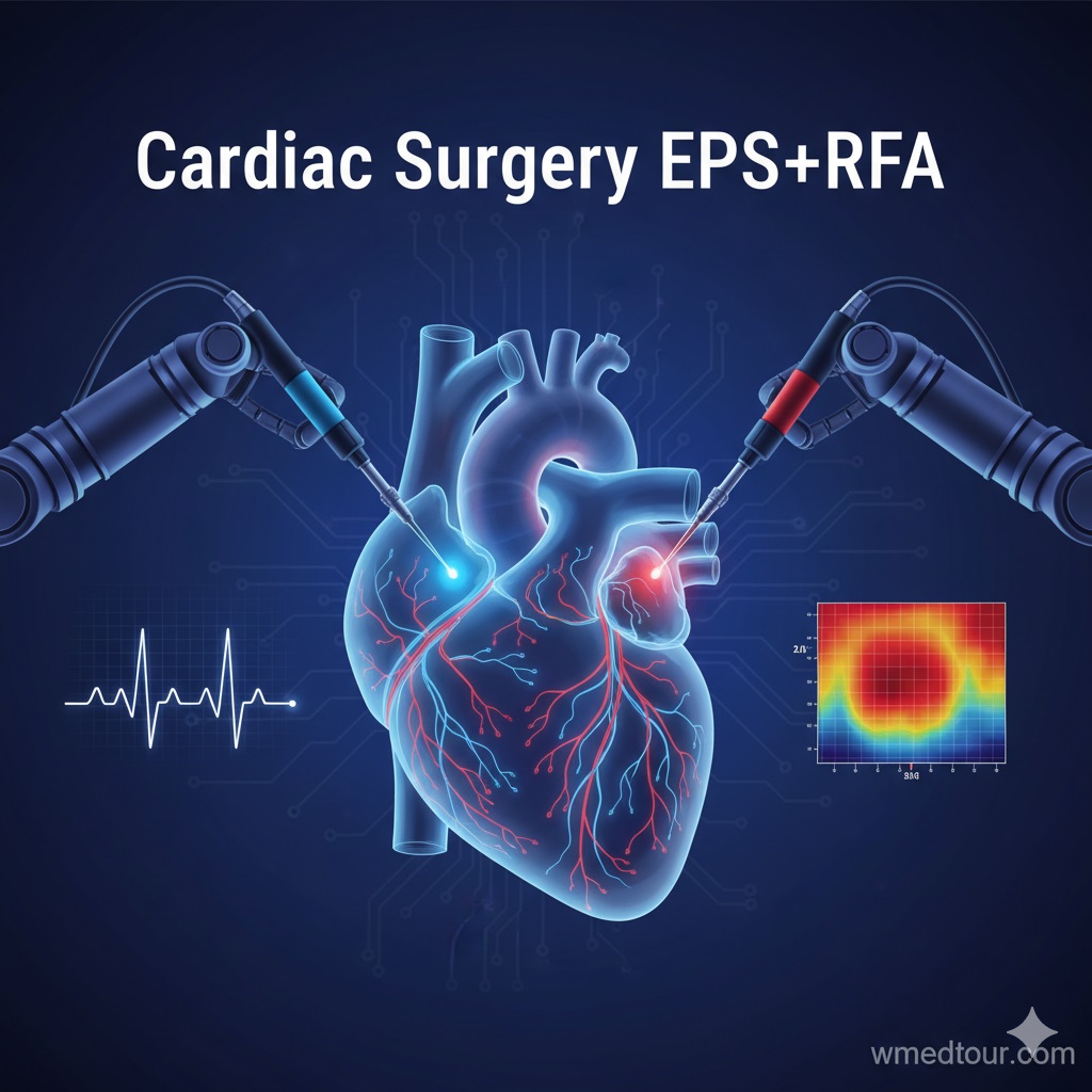 A futuristic illustration of a human heart with robotic arms performing Electrophysiology Study (EPS) and Radiofrequency Ablation (RFA) procedures. An ECG waveform and a heat map showing cardiac activity are visible.