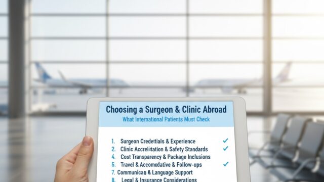 A hand holding a tablet displaying a checklist for international patients choosing a surgeon and clinic abroad, with an airport terminal background.